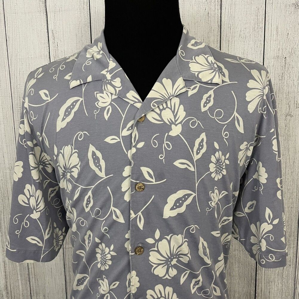 Pusser's Men's Large Purple Floral Silk Blend Short Sleeve Button-Front Shirt